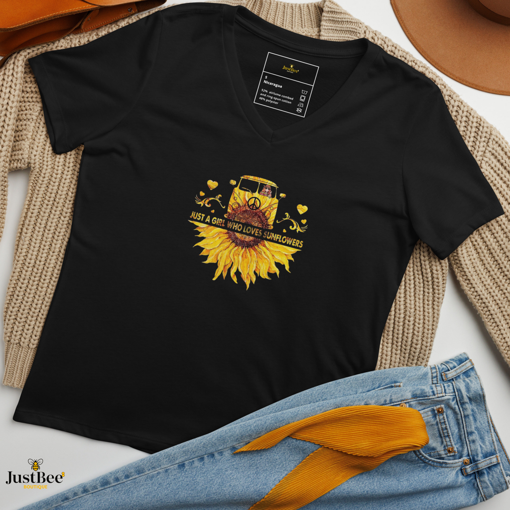 Women's  V neck super comfortable Tshirt - Just a girl who loves sunflowers